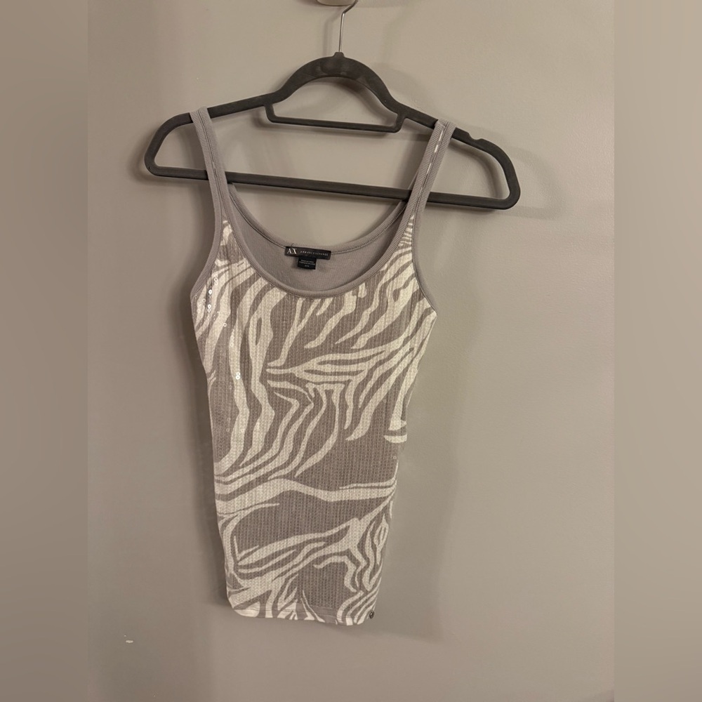 AX Armani Exchange Zebra Sequin Ribbed Tank Top – Y2K Gray Silver